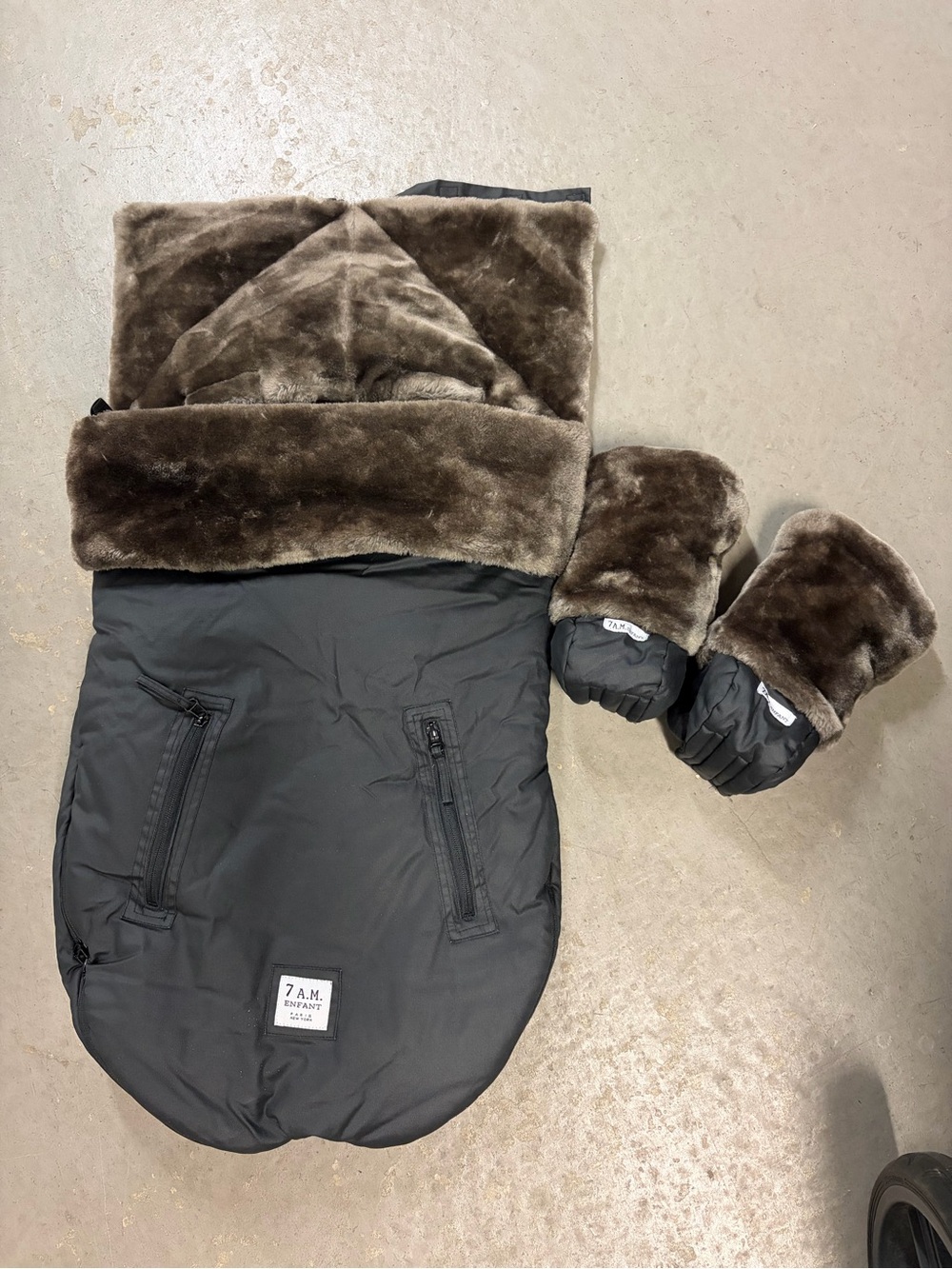 7AM Enfant Brown Faux-Fur Lined Baby Footmuff with Matching Mittens